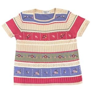 VTG 90s Alfred Dunner Floral Embroidered Striped Pointelle Knit Granny Top Small